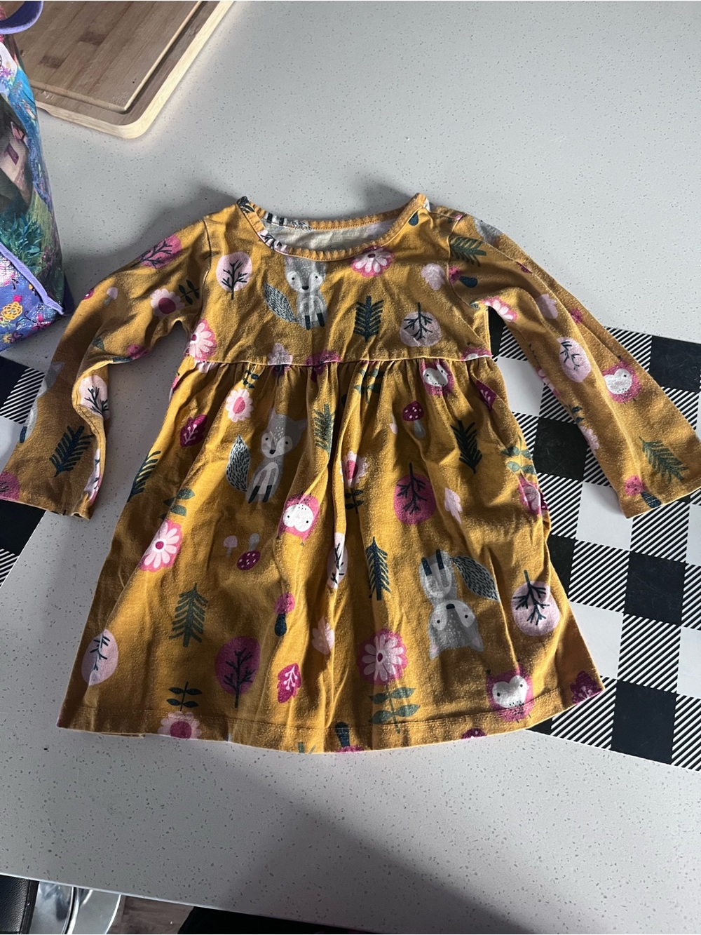 Girls' Mustard Long-Sleeve Woodland Print Dress